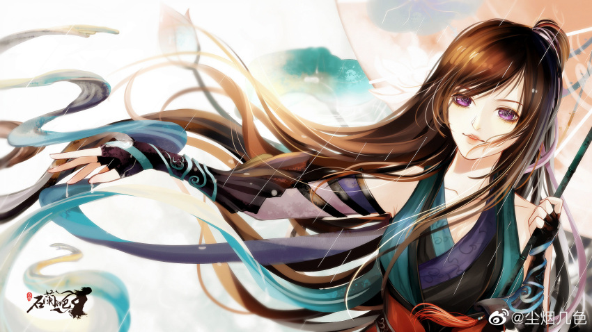arm_at_side big_eyes brown_hair chen_yan_ji_se dress fingerless_gloves from_above gloves hair_bun hair_strand highres long_hair lotus_pod multicolored_clothes multicolored_dress open_mouth qin_shi_ming_yue rain shi_lan_(qin_shi_ming_yue) solo teeth umbrella upper_body violet_eyes