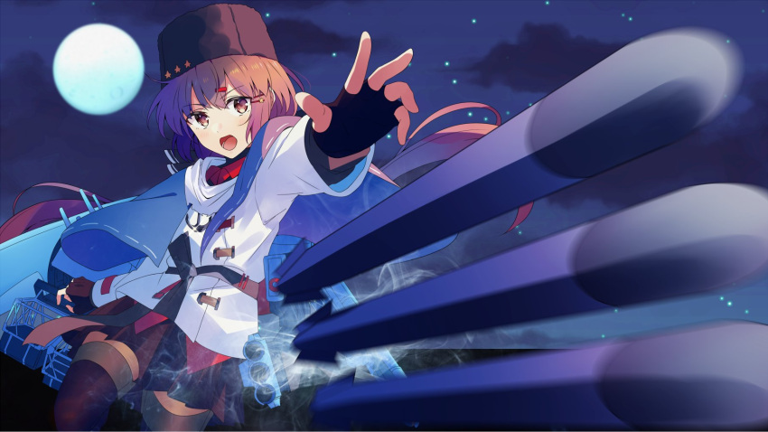 1girl bangs black_gloves black_headwear black_legwear black_skirt blue_shawl blush brown_eyes brown_hair clouds commission fingerless_gloves firing full_moon gloves hair_ornament hairclip hat highres jacket kantai_collection long_hair low_twintails moon night open_mouth outdoors papakha scarf shawl skeb_commission skirt smoke solo star_(sky) star_(symbol) tashkent_(kancolle) thigh-highs torn_scarf torpedo twintails white_jacket white_scarf yukichi_(eikichi)