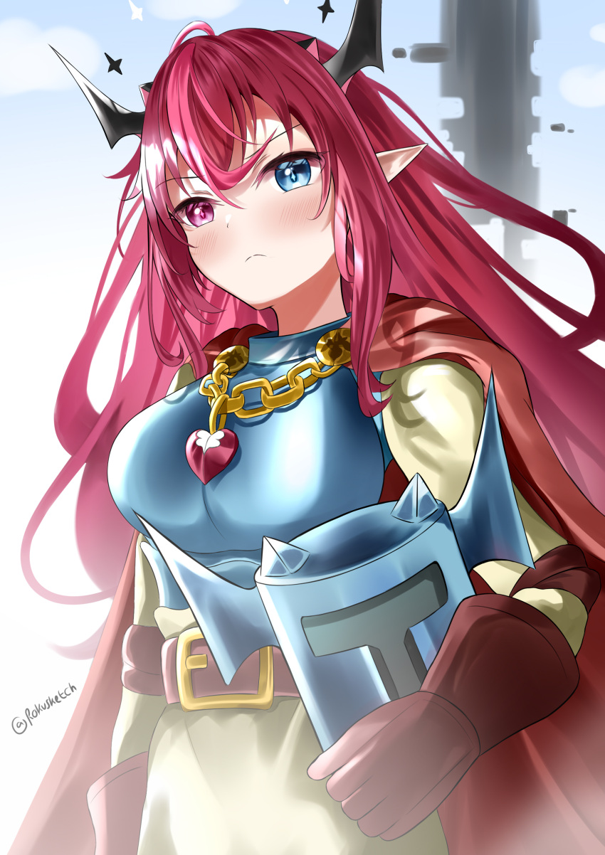 1girl absurdres armor bangs blue_eyes brown_gloves cape cosplay gloves headwear_removed helmet heterochromia highres holding hololive hololive_english horns irys_(hololive) jewelry jump_king jump_king_(character) jump_king_(character)_(cosplay) locket long_hair multicolored_hair pendant pointy_ears purple_hair redhead rokusketch violet_eyes virtual_youtuber