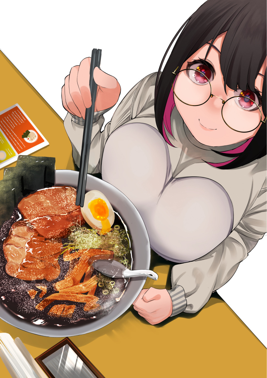 1girl bangs black_hair bowl chopsticks colored_inner_hair commentary_request egg food food_focus from_above glasses highres holding holding_chopsticks looking_at_viewer meat medium_hair multicolored_hair original pink_hair red_eyes round_eyewear shadow shinme08 smile solo spoon