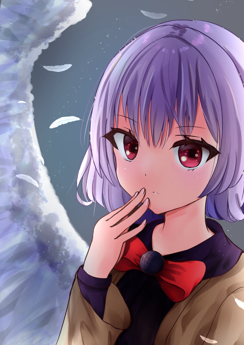1girl absurdres bangs bow bowtie brown_jacket dress expressionless eyebrows_visible_through_hair feathered_wings feathers grey_background hand_to_own_mouth hand_up highres jacket kishin_sagume light_particles long_sleeves looking_at_viewer open_clothes open_jacket red_bow red_eyes seina_akitani short_hair simple_background single_wing solo touhou upper_body white_wings wings