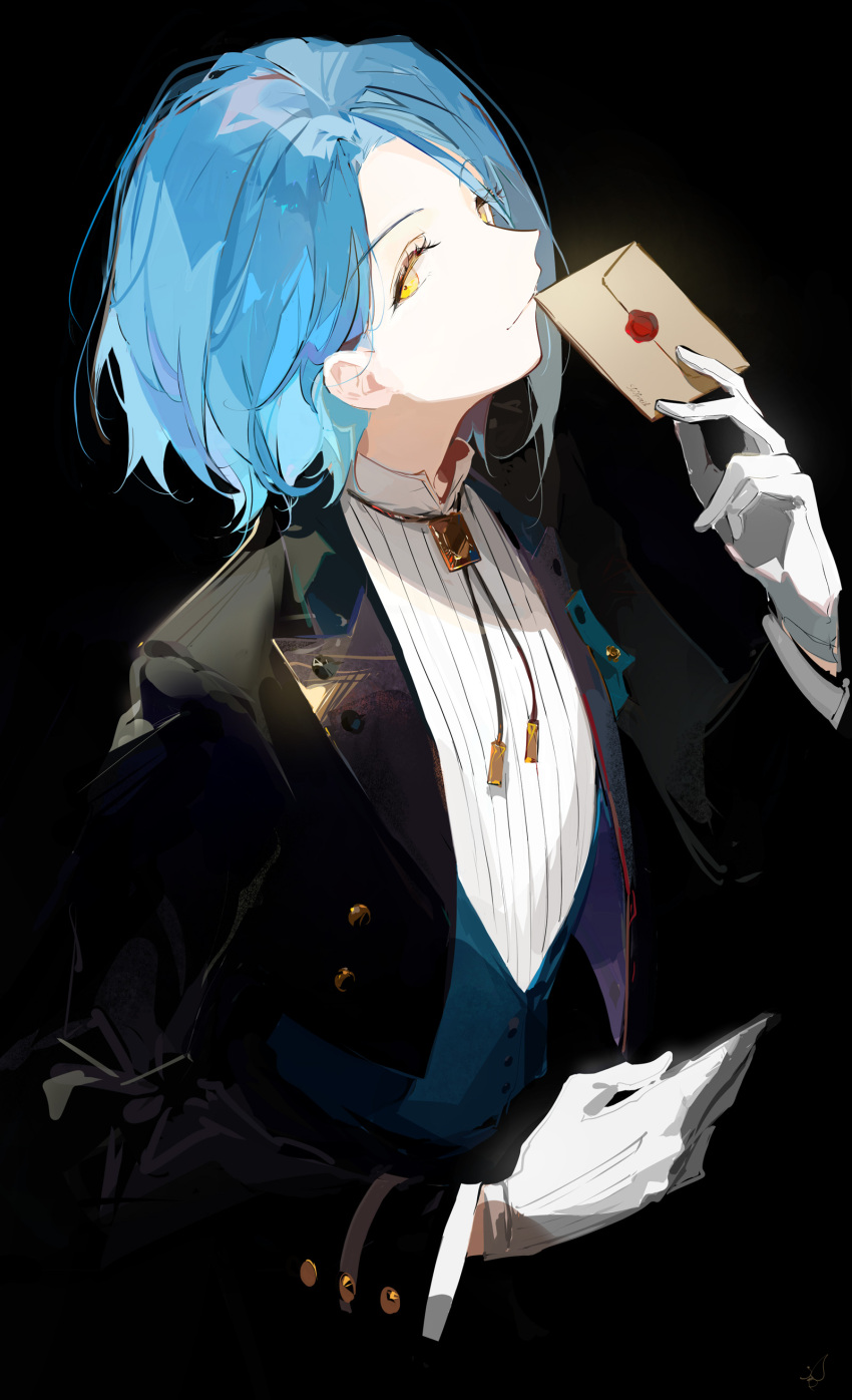 1boy absurdres black_background black_jacket blue_hair blue_vest bolo_tie closed_mouth collared_shirt cropped_jacket ensemble_stars! envelope eyelashes ezu_(e104mjd) formal gloves hair_behind_ear hand_up highres himeru_(ensemble_stars!) holding holding_envelope jacket letter long_sleeves looking_at_viewer male_focus open_clothes open_jacket shirt short_hair sideways_glance smile solo upper_body vest wax_seal white_gloves white_shirt yellow_eyes