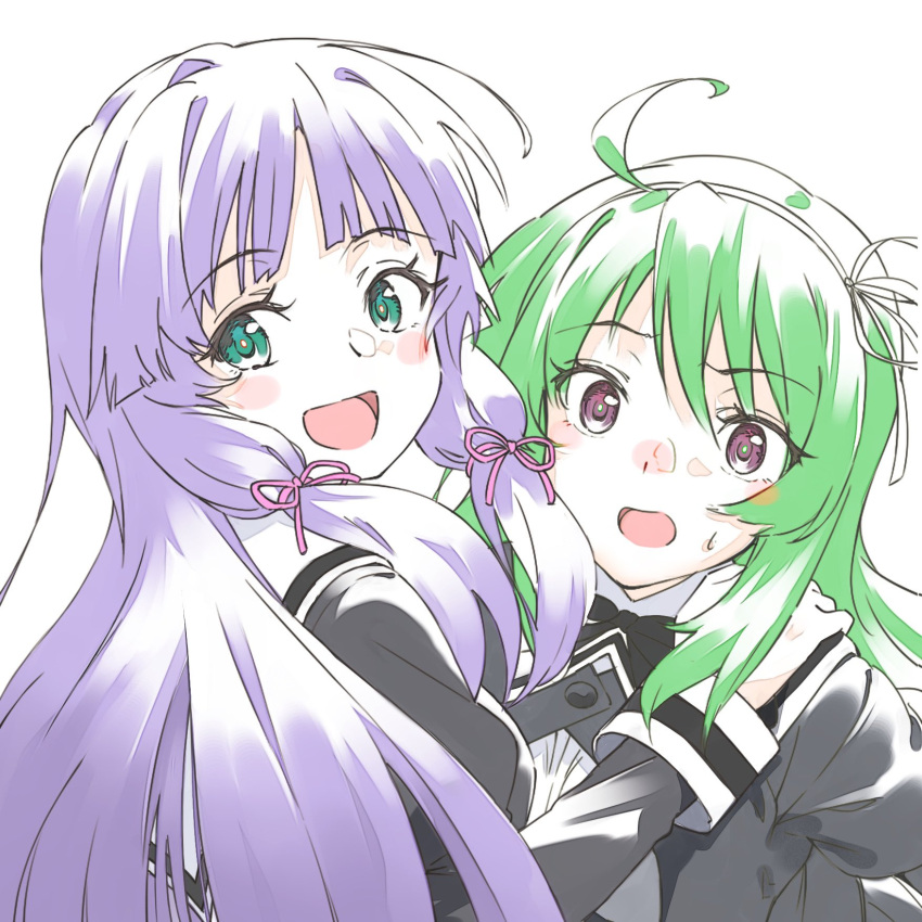 2girls :d a.k.a.zkin ahoge aqua_eyes assault_lily bangs banshouya_ena black_ribbon blunt_bangs blush bow_hairband buttons commentary_request cropped_jacket eyebrows_visible_through_hair green_hair hair_between_eyes hair_ribbon hairband hand_on_another's_shoulder hand_up highres juliet_sleeves long_hair long_sleeves looking_at_viewer looking_back multiple_girls neck_ribbon open_mouth pink_ribbon puffy_sleeves purple_hair ribbon school_uniform shirt sidelocks simple_background smile sweatdrop tanaka_ichi upper_body violet_eyes white_background white_hairband white_ribbon white_shirt yurigaoka_girls_academy_school_uniform