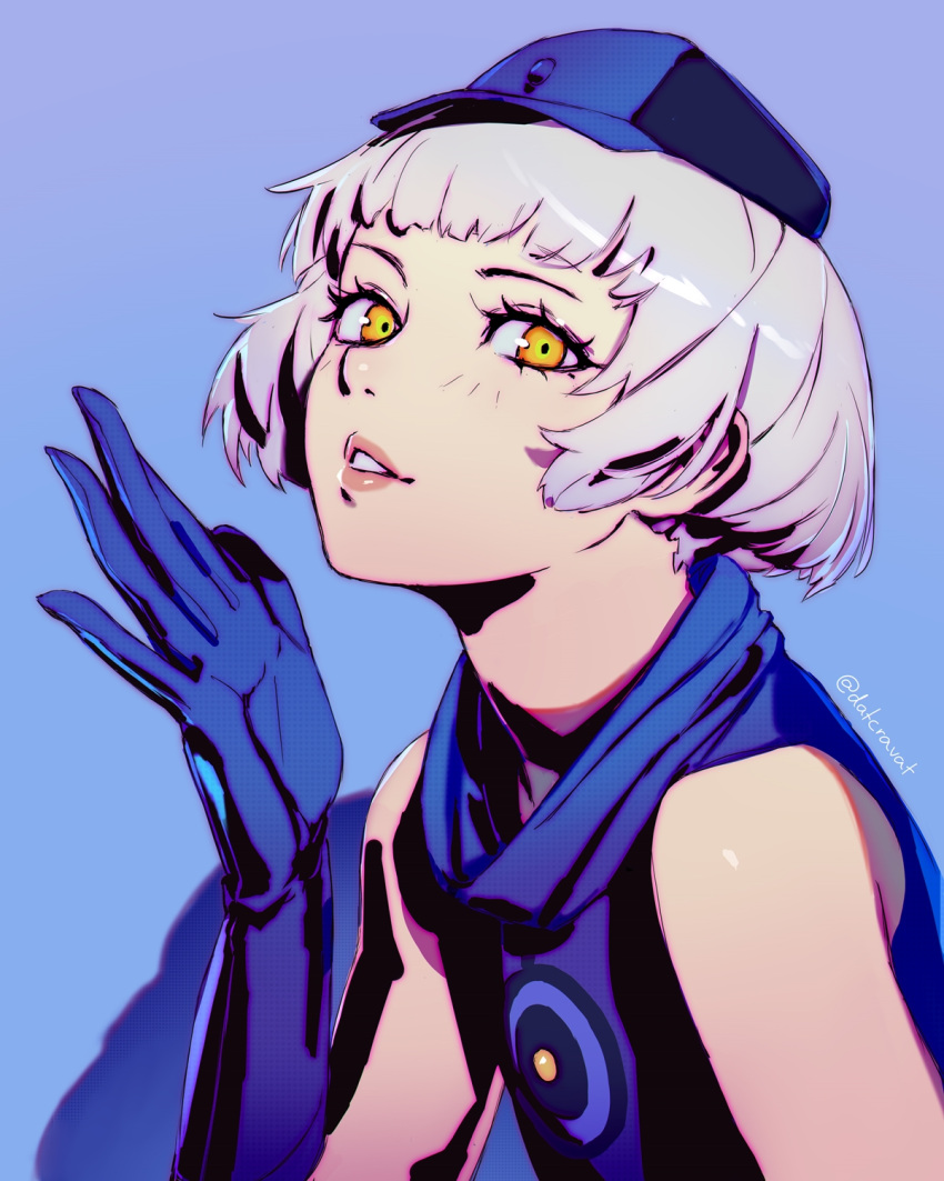 1girl blue_background blue_dress blue_gloves blue_headwear datcravat dress elizabeth_(persona) eyelashes gloves highres lips looking_at_viewer medium_hair parted_lips persona persona_3 shadow short_hair simple_background sleeveless sleeveless_dress solo twitter_username upper_body yellow_eyes