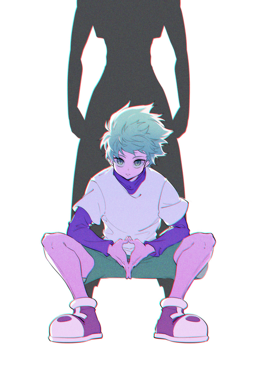 1boy absurdres backlighting bangs floating_hair full_body green_eyes green_shorts grey_hair highres hunter_x_hunter illumi_zoldyck invisible_chair kariki_hajime killua_zoldyck layered_sleeves long_sleeves looking_at_viewer male_focus own_hands_together purple_shirt shirt shoes short_over_long_sleeves short_sleeves shorts silhouette sitting slit_pupils solo_focus standing straight-on t-shirt white_background white_shirt wind