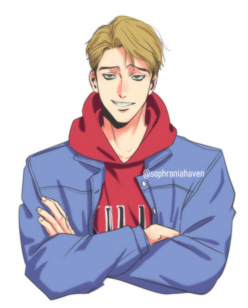 1boy absurdres alternate_hairstyle artist_name bags_under_eyes blonde_hair closed_mouth crossed_arms denim denim_jacket grin highres hood hoodie jacket jacket_over_hoodie killing_stalking long_sleeves looking_at_viewer male_focus oh_sangwoo red_hoodie sanpaku simple_background smile solo sophroniahaven straight-on twitter_username upper_body