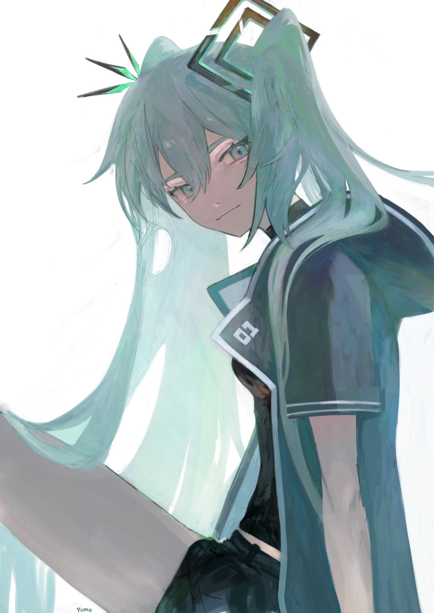 1girl absurdres aqua_eyes arm_support bangs black_shirt black_shorts breasts closed_mouth clothes_writing green_eyes green_hair hair_between_eyes hair_ornament hair_over_shoulder hatsune_miku highres jacket knee_up long_hair looking_at_viewer looking_to_the_side shirt short_sleeves shorts simple_background sitting smile solo spikes square tight tight_shirt turtleneck twintails very_long_hair vocaloid white_background yomotsu00