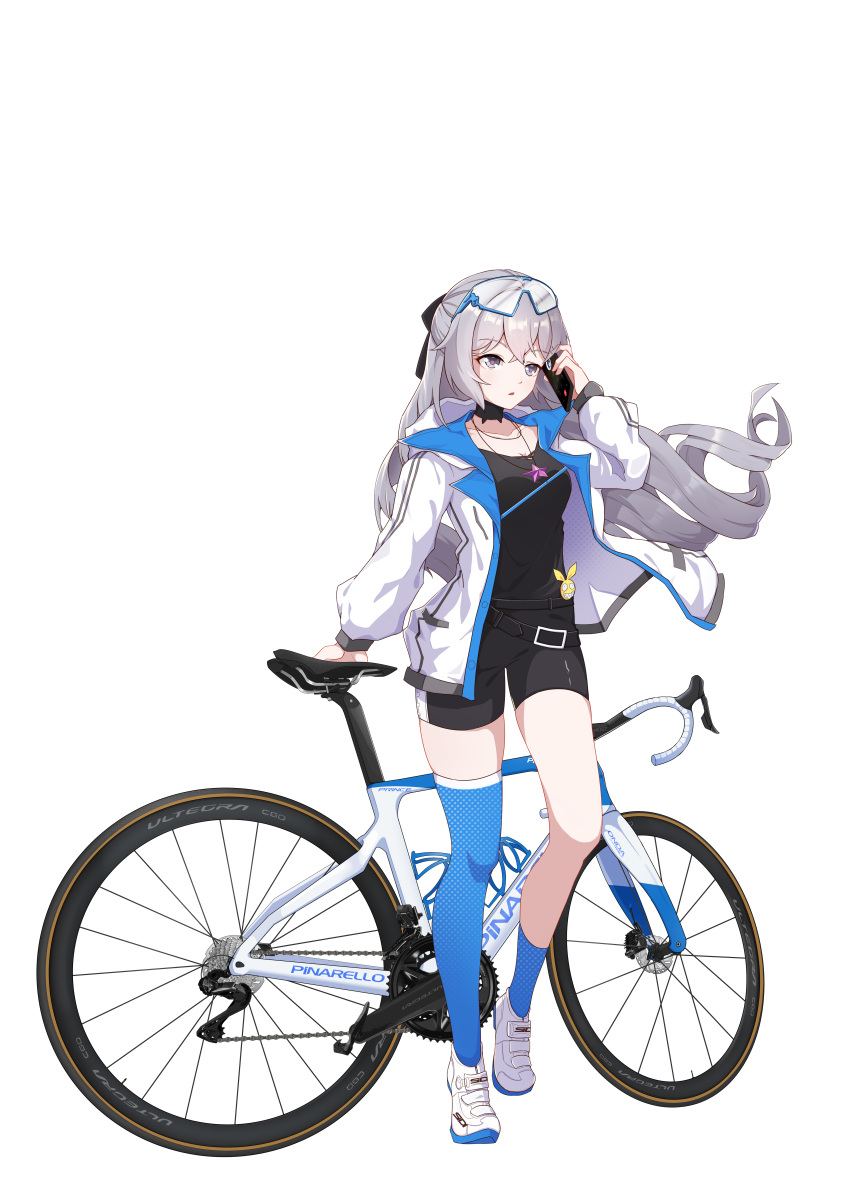 1girl absurdres ai_ke_le_de_xiao_hong asymmetrical_legwear bangs bicycle bike_shorts black_choker black_shirt black_shorts blue_legwear bronya_zaychik choker full_body goggles goggles_on_head grey_eyes grey_hair ground_vehicle highres holding holding_phone honkai_(series) honkai_impact_3rd jacket jewelry long_hair long_sleeves looking_at_viewer mismatched_legwear necklace open_mouth phone shirt shoes shorts simple_background sneakers solo standing white_background white_footwear white_jacket