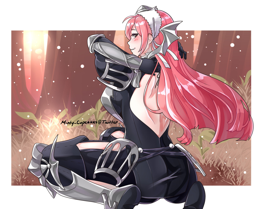 1girl armor back back_turned bangs breasts brown_eyes cherche_(fire_emblem) closed_mouth fire_emblem fire_emblem_awakening headdress highres kneeling large_breasts long_hair looking_at_viewer minty_cupcakes pink_hair