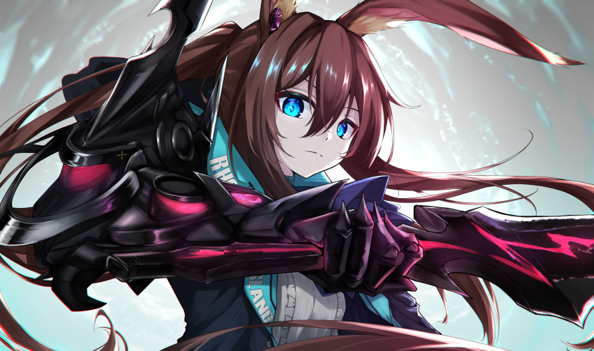 1girl absurdres amiya_(arknights) animal_ear_fluff animal_ears aqua_eyes arknights bangs blouse blue_eyes brown_hair closed_mouth commentary_request crossed_bangs expressionless eyebrows_visible_through_hair hair_between_eyes highres holding holding_sword holding_weapon jacket long_hair looking_at_viewer multicolored_eyes rabbit_ears rabbit_girl shirt solo sword tokyo_(1421) upper_body v-shaped_eyebrows very_long_hair weapon