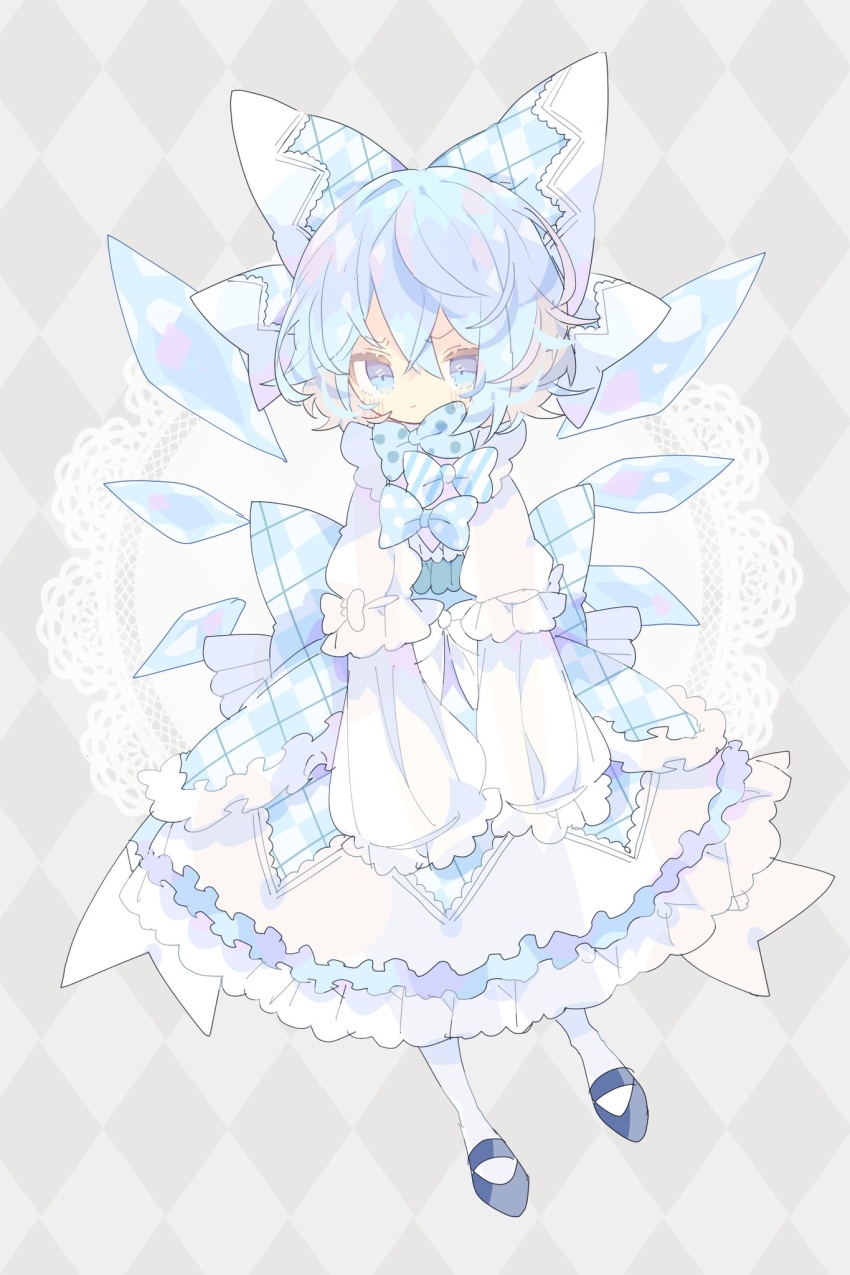 1girl alternate_costume argyle argyle_background black_footwear blue_bow blue_dress blue_eyes blue_hair blush bow cirno closed_mouth detached_wings dress fairy frilled_sleeves frills full_body hair_between_eyes hair_bow highres ice ice_wings nikorashi-ka shoes short_hair sleeves_past_fingers sleeves_past_wrists solo touhou wings