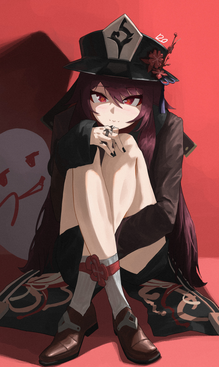 1girl absurdres black_nails brown_hair chinese_clothes crossed_legs eyebrows_visible_through_hair flat_chest flower full_body genshin_impact ghost hair_between_eyes hat highres hu_tao_(genshin_impact) jewelry looking_at_viewer plum_blossoms porkpie_hat red_eyes ring