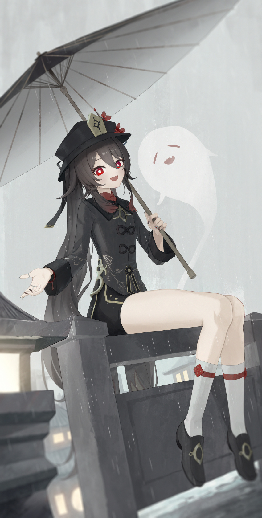 1girl :d absurdres bangs bare_legs bike_shorts black_footwear black_headwear black_nails black_shirt black_shorts brown_hair chinese_clothes flat_chest flower flower-shaped_pupils from_side full_body genshin_impact ghost grey_sky hat hat_flower highres holding holding_umbrella hu_tao_(genshin_impact) jewelry long_hair long_sleeves looking_at_viewer looking_to_the_side oil-paper_umbrella open_mouth outdoors pellas_(panix2383) plum_blossoms porkpie_hat rain ring shirt shoes short_shorts shorts sitting_on_fence sitting_on_railing smile socks solo stone_lantern symbol-shaped_pupils thighs twintails umbrella very_long_hair