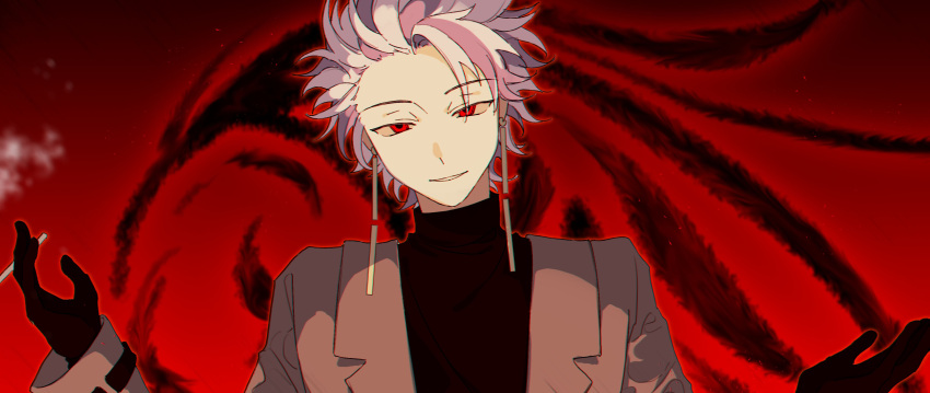 1boy absurdres black_gloves black_sweater brown_jacket chinese_commentary chromatic_aberration earrings eyebrows_visible_through_hair eyes_visible_through_hair gloves grin highres jacket jewelry long_sleeves male_focus open_clothes open_jacket pink_hair red_eyes saibou_shinkyoku shanglishuiminyuechang short_hair smile solo sweater theodore_riddle turtleneck turtleneck_sweater