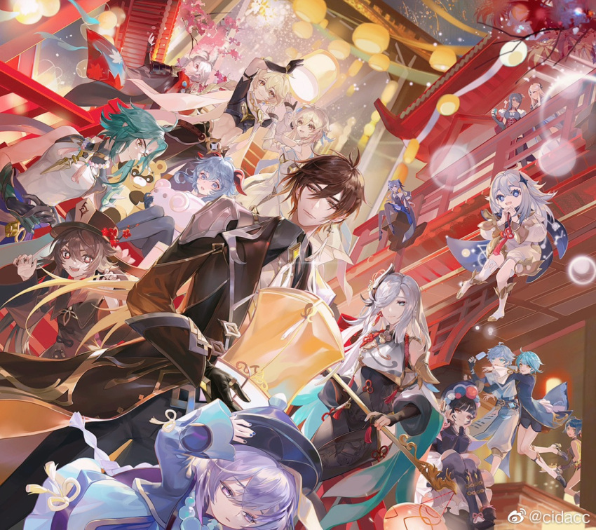 6+boys 6+girls :d aether_(genshin_impact) ahoge architecture arm_up armor bangs bead_necklace beads beidou_(genshin_impact) black_gloves black_legwear black_pants black_shirt blue_eyes blue_hair blunt_bangs bonnet brown_hair brown_headwear carrying_overhead cherry_blossoms chinese_commentary chongyun_(genshin_impact) city clothing_cutout commentary_request crop_top curled_horns dress dutch_angle earrings east_asian_architecture elbow_gloves everyone expressionless floating flower flower-shaped_pupils flower_knot food from_below ganyu_(genshin_impact) genshin_impact ghost_pose gloves green_hair grey_hair guoba_(genshin_impact) hair_between_eyes hair_ornament hair_over_one_eye half-closed_eyes hand_on_headwear hands_on_own_cheeks hands_on_own_face hands_up hat hat_flower holding holding_food holding_lantern holding_polearm holding_weapon horns hu_tao_(genshin_impact) in-universe_location japanese_armor jewelry kaedehara_kazuha keqing_(genshin_impact) kneehighs lantern light_particles long_hair looking_at_viewer lumine_(genshin_impact) multiple_boys multiple_girls necklace ningguang_(genshin_impact) nourfeiar on_stairs one_eye_covered open_mouth outdoors own_hands_together paimon_(genshin_impact) pants pantyhose paper_lantern partially_fingerless_gloves polearm popsicle porkpie_hat purple_hair qing_guanmao qiqi_(genshin_impact) red_eyes shenhe_(genshin_impact) shirt short_hair shoulder_armor shoulder_cutout single_earring single_thighhigh sitting smile sode stairs standing symbol-shaped_pupils tassel tassel_earrings thigh-highs violet_eyes weapon weibo_logo weibo_username white_dress white_hair white_legwear xiangling_(genshin_impact) xiao_(genshin_impact) xingqiu_(genshin_impact) yellow_eyes yun_jin_(genshin_impact) zhongli_(genshin_impact)