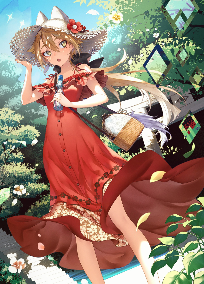1girl absurdres asa_no_ha_(pattern) bag bangs bare_arms bare_shoulders black_ribbon bottle breasts brown_hair building chestnut_mouth dappled_sunlight day dress dutch_angle eyelashes eyeliner falling_leaves fang feet_out_of_frame floral_print flower frills fushimi_gaku genderswap genderswap_(mtf) hair_between_eyes hair_flaps hair_ribbon hand_on_headwear hand_up hat hat_flower hat_with_ears highres holding holding_bottle leaf light_brown_hair looking_away low_ponytail makeup mole mole_under_eye multicolored_hair nijisanji off-shoulder_dress off_shoulder open_mouth outdoors pinky_out ponytail ramune red_dress red_flower ribbon shoulder_bag sideways_glance sky slit_pupils solo stairs standing streaked_hair sun_hat sunlight sweat torii virtual_youtuber water water_bottle white_hair white_headwear wind wind_lift yatozume yellow_eyes