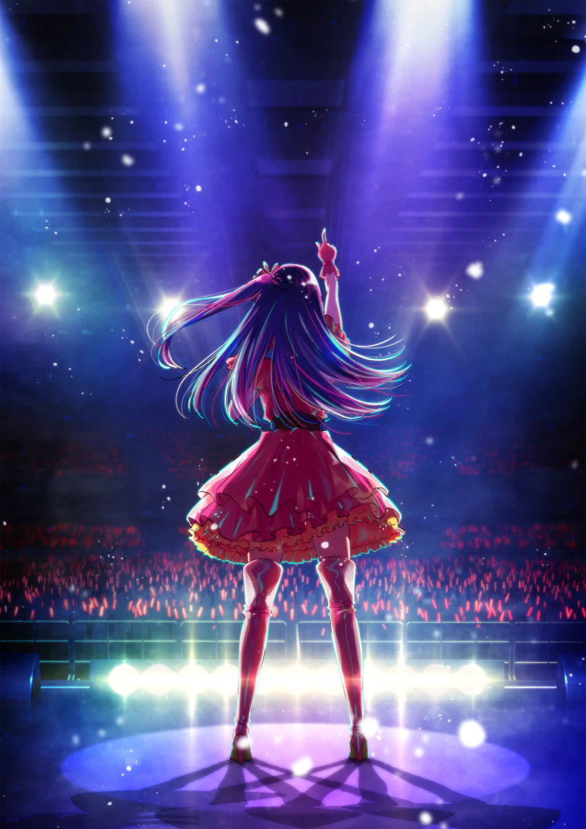 1girl absurdres audience blue_hair boots dress frilled_dress frills from_behind glowstick high_heels highres hoshino_ai_(oshi_no_ko) idol key_visual layered_skirt long_hair official_art one_side_up oshi_no_ko pink_dress pointing pointing_up promotional_art side_ponytail skirt spotlight stage stage_lights thigh_boots