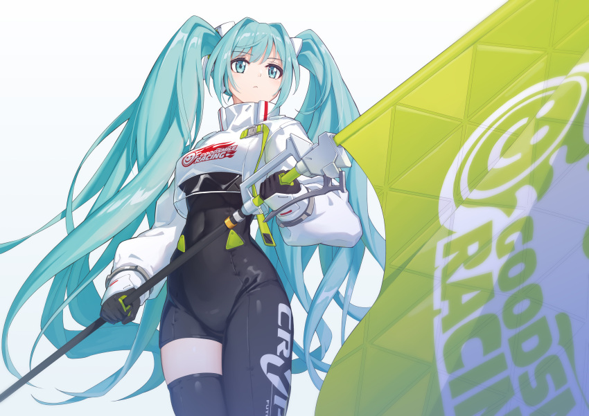 1girl absurdres arukiru black_gloves black_legwear blue_eyes blue_hair closed_mouth covered_navel eyebrows_visible_through_hair flag gloves gradient gradient_background green_gloves hatsune_miku highres holding holding_flag long_hair multicolored_clothes multicolored_gloves racing_miku racing_miku_(2022) see-through single_thighhigh skindentation solo thigh-highs twintails two-tone_gloves very_long_hair vocaloid