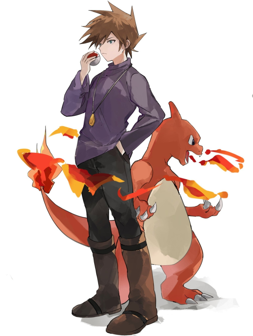 1boy bangs black_pants blue_oak boots brown_footwear brown_hair charmeleon chinese_commentary claws closed_mouth commentary_request fire flame-tipped_tail hand_in_pocket hand_up highres holding holding_poke_ball jewelry long_sleeves male_focus necklace pants poke_ball poke_ball_(basic) pokemon pokemon_(creature) pokemon_adventures purple_shirt sakanobo_(sushi1021) shirt short_hair spiky_hair standing white_background