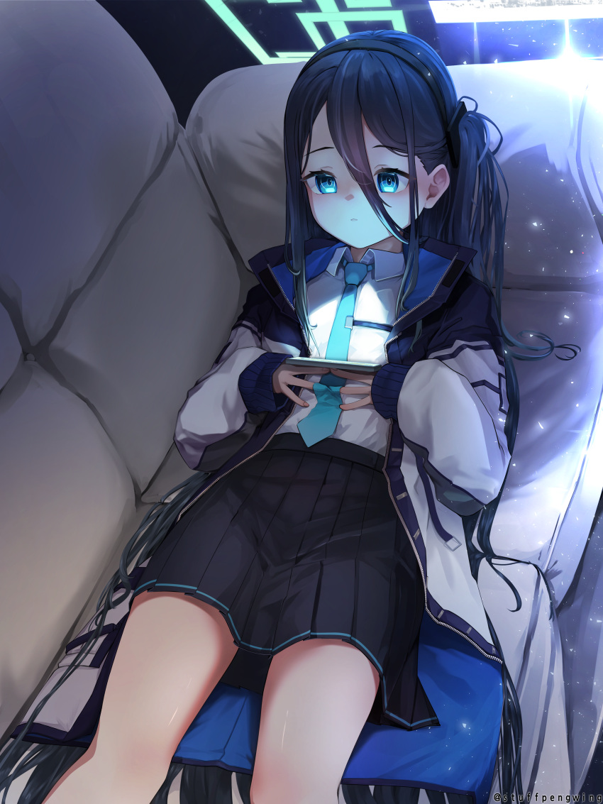 1girl absurdly_long_hair absurdres arisu_(blue_archive) bangs black_hair blue_archive blue_eyes cellphone commentary_request couch eyebrows_visible_through_hair hair_between_eyes hair_ornament halo highres holding holding_phone hooded_coat long_hair long_sleeves lying on_back one_side_up parted_lips phone pleated_skirt sidelocks skirt smartphone solo stpen very_long_hair