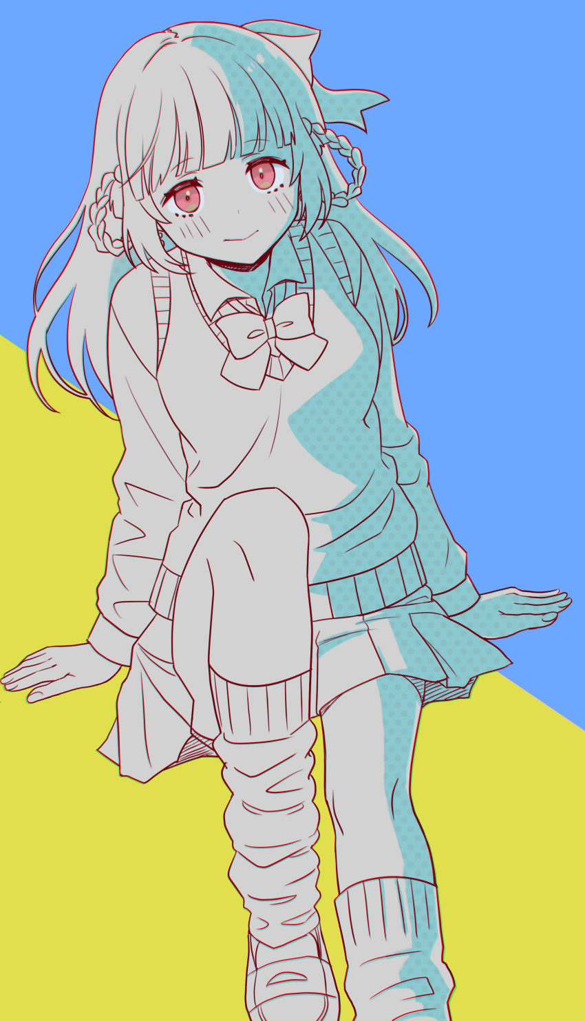 1girl absurdres bangs blue_background blunt_bangs bow bowtie braid commentary_request etra-chan_wa_mita! etra_(etra-chan_wa_mita!) eyebrows_visible_through_hair highres limited_palette loafers long_sleeves looking_at_viewer loose_socks monochrome nyako_(lhq3p) red_eyes school_uniform shirt shoes sitting skirt solo sweater_vest two-tone_background vest virtual_youtuber yellow_background