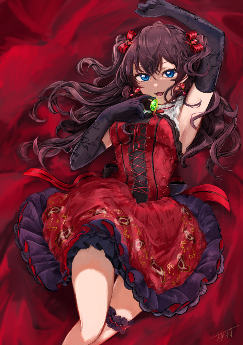 1girl :d absurdres armpits bangs bed_sheet black_gloves blue_eyes bow breasts dress elbow_gloves from_above gem gloves green_gemstone hair_between_eyes hair_bow hair_ornament highres ichinose_shiki idolmaster idolmaster_cinderella_girls kusumura layered_dress looking_at_viewer lying medium_breasts neck_ribbon on_back open_mouth red_bow red_dress red_gemstone red_ribbon ribbon short_dress signature sleeveless sleeveless_dress smile solo striped striped_bow thigh_strap