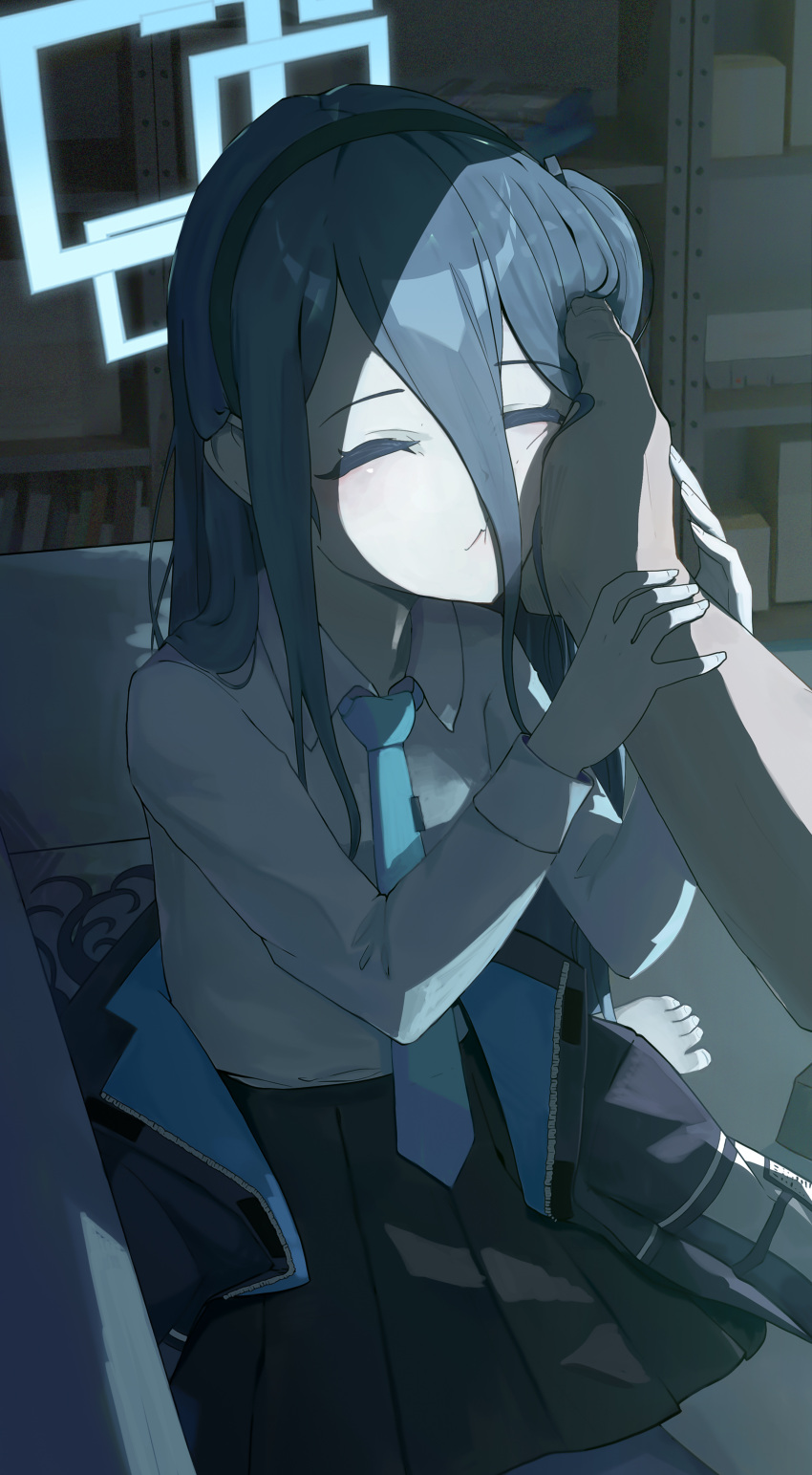 1boy 1girl absurdres arisu_(blue_archive) black_hair black_hairband black_skirt blue_archive blue_necktie closed_eyes closed_mouth collared_shirt hair_between_eyes hairband halo hand_on_another's_cheek hand_on_another's_face highres long_hair long_sleeves necktie pleated_skirt ryeon_(bluetom1) shirt shirt_tucked_in sitting skirt solo_focus white_shirt