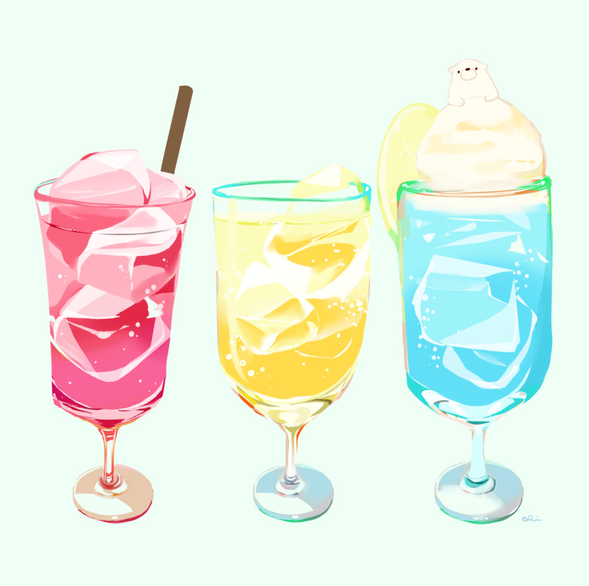 animal bear bubble chai_(drawingchisanne) commentary_request cup drink drinking_glass drinking_straw food food_focus fruit glass highres ice ice_cream ice_cream_float lemon lemon_slice no_humans on_food original polar_bear signature simple_background soda undersized_animal