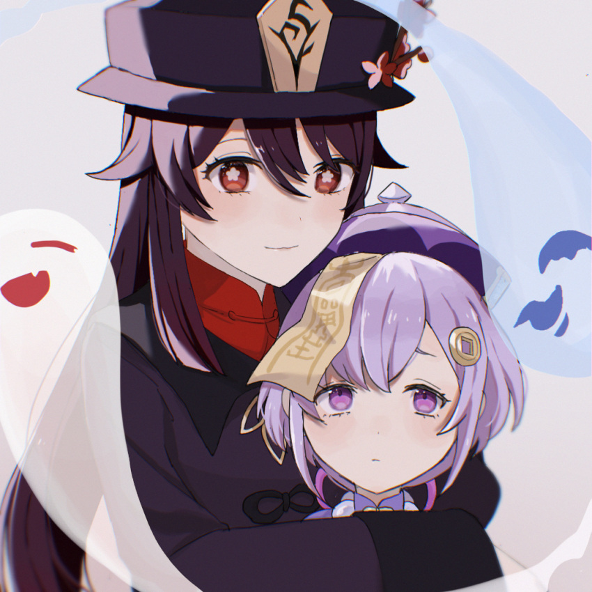 2girls blue_hair brown_hair coat flat_chest flower genshin_impact ghost hair_between_eyes hat hat_flower hu_tao_(genshin_impact) marodayo_33 multiple_girls plum_blossoms porkpie_hat qiqi_(genshin_impact) red_eyes simple_background smile violet_eyes white_background