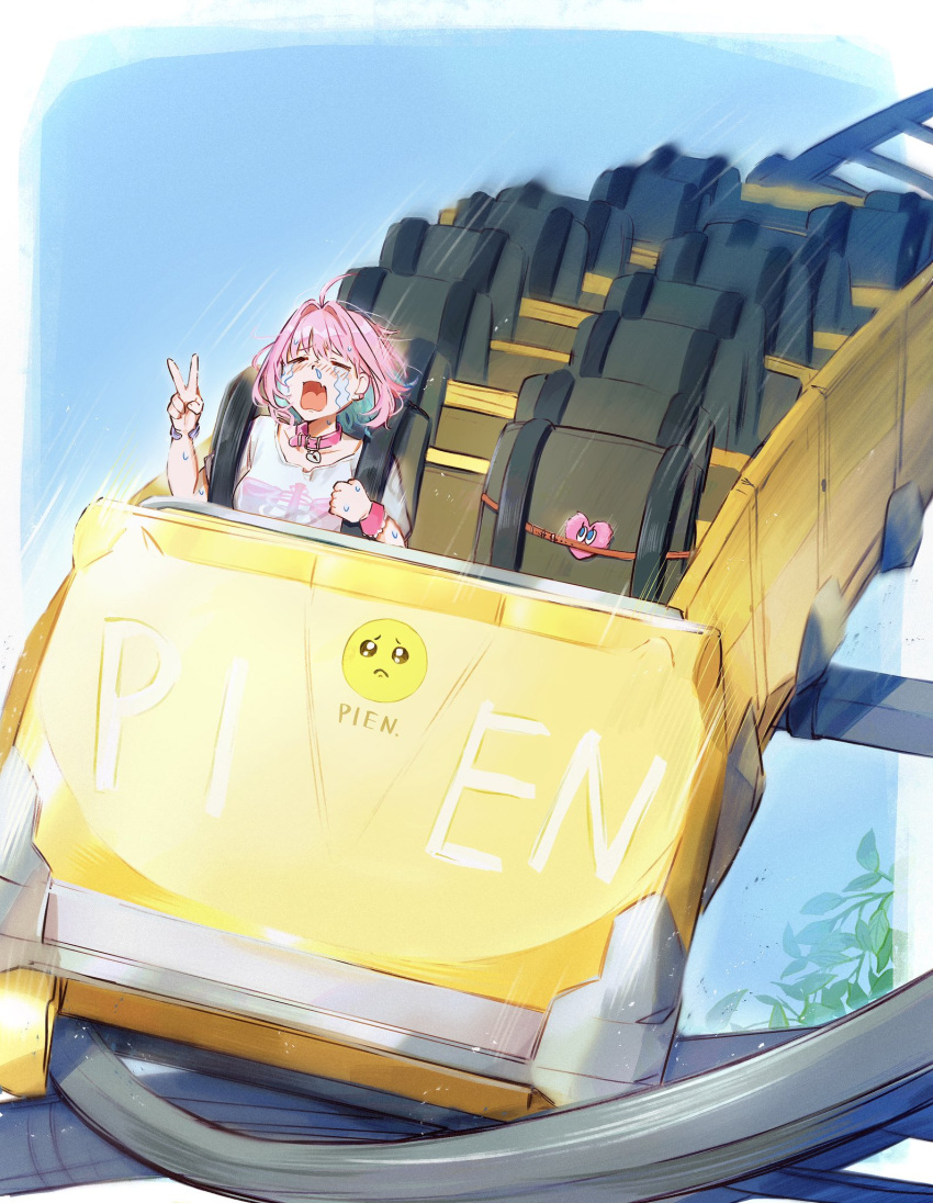 1girl ahoge blue_hair closed_eyes collar commentary_request crying hair_intakes hamachamu heart-shaped_lock heart_collar highres idolmaster idolmaster_cinderella_girls multicolored_hair open_mouth pien pink_collar pink_hair roller_coaster short_hair solo streaming_tears tears two-tone_hair v yumemi_riamu