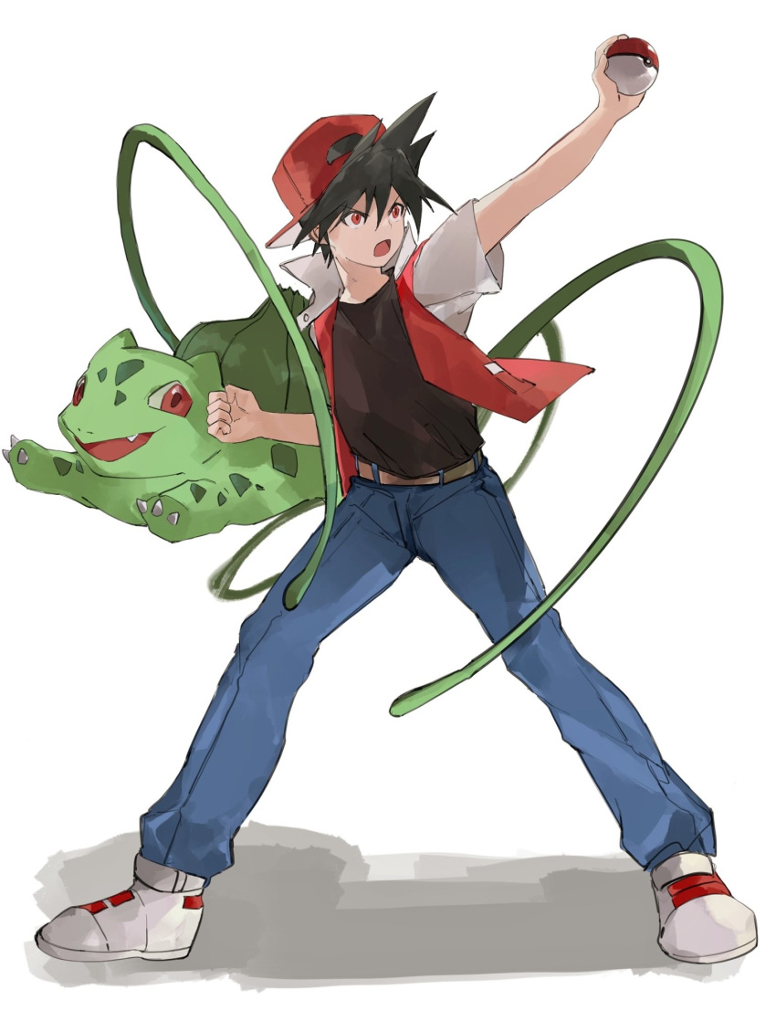 1boy arm_up backwards_hat bangs belt black_hair blue_pants bulbasaur chinese_commentary clenched_hand commentary_request hat highres holding holding_poke_ball jacket legs_apart male_focus open_clothes open_jacket pants plant poke_ball poke_ball_(basic) pokemon pokemon_(creature) pokemon_adventures red_(pokemon) red_eyes red_headwear sakanobo_(sushi1021) shirt shoes short_hair spiky_hair standing vines white_footwear