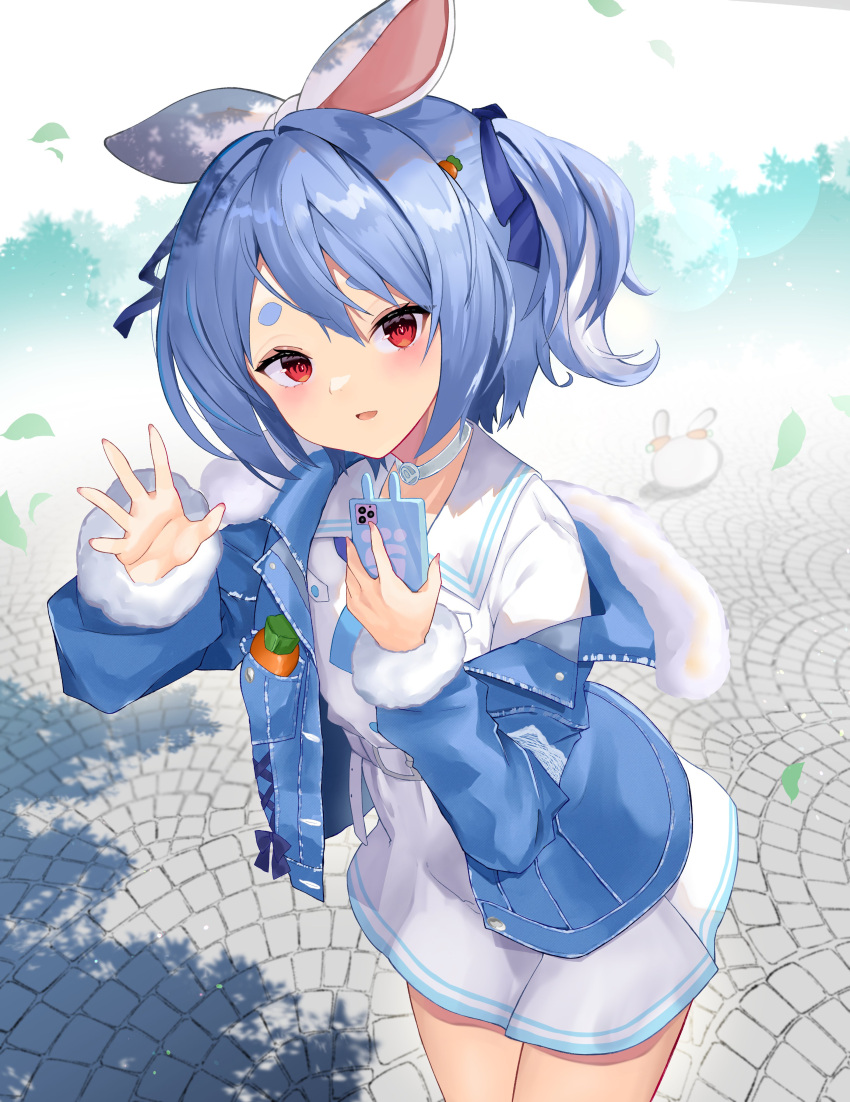 1girl absurdres animal_ears blue_hair carrot commentary_request cowboy_shot day from_above hand_up highres holding holding_phone hololive leaning_forward looking_at_viewer meteor_(yamashou) outdoors phone rabbit_ears red_eyes solo two_side_up usada_pekora virtual_youtuber