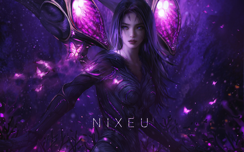1girl artist_name bodysuit bug butterfly collarbone commentary darkness fantasy forehead glowing highres kai'sa league_of_legends lips long_hair looking_away nixeu outdoors purple_hair realistic solo sparkle thick_eyebrows violet_eyes