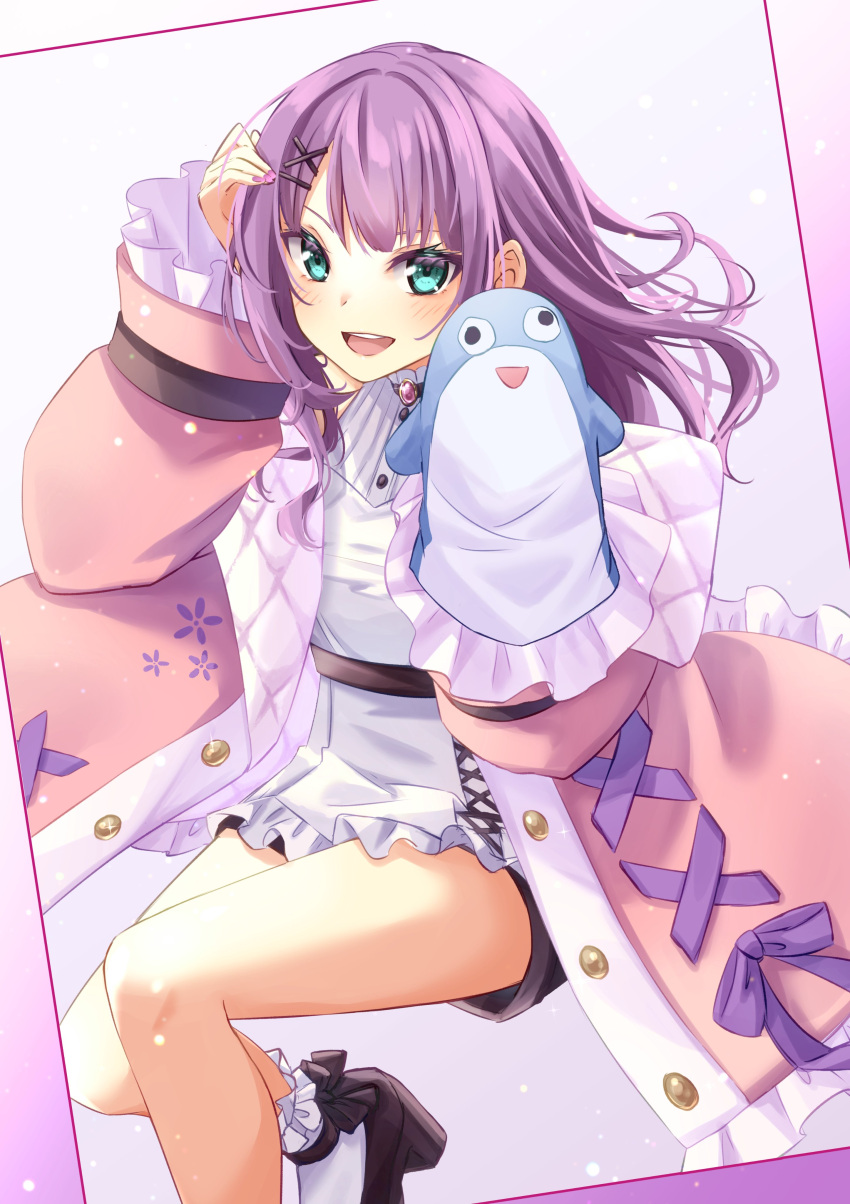 1girl :d absurdres animal_hood ankle_socks ankle_strap aqua_eyes black_footwear blush coat commentary cross-laced_clothes cross-laced_coat frilled_legwear hair_ornament hairclip hand_puppet highres hood hood_down knee_up looking_at_viewer nijisanji nota_ika open_clothes open_coat open_mouth pink_coat puppet purple_background purple_hair quilt quilted_clothes quilted_coat sakura_ritsuki shirt smile socks solo teeth tsurime upper_teeth virtual_youtuber white_shirt x_hair_ornament