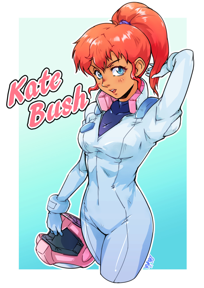 1girl blue_eyes breasts gundam helmet highres kate_bush medium_breasts pilot_suit ponytail pose redhead saika_(pixiv43370196) skin_tight tan undershirt unzipped victory_gundam