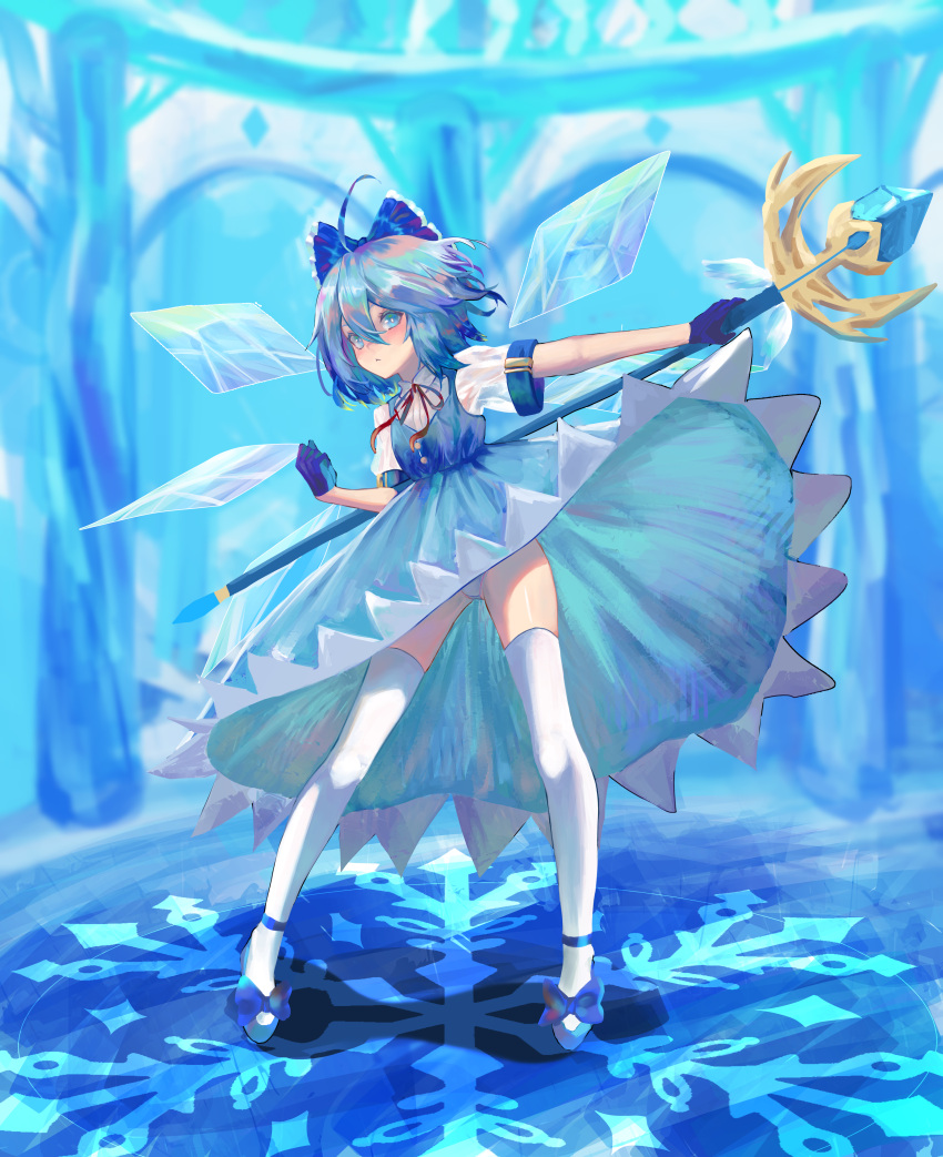 1girl abi_(user_nzav7333) absurdres ahoge blue_dress blue_eyes blue_hair bow cirno dress full_body gloves hair_bow highres holding ice ice_wings puffy_short_sleeves puffy_sleeves red_ribbon ribbon shoes short_hair short_sleeves solo standing thigh-highs touhou white_legwear wings
