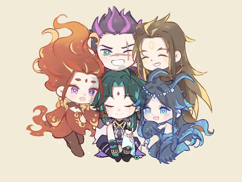 2girls 3boys blue_hair bonanus_(genshin_impact) bosacius_(genshin_impact) brown_hair chibi choryorrrrrr claws genshin_impact highres horns indarias_(genshin_impact) menogias_(genshin_impact) multicolored_hair multiple_boys multiple_girls purple_hair redhead smile xiao_(genshin_impact)