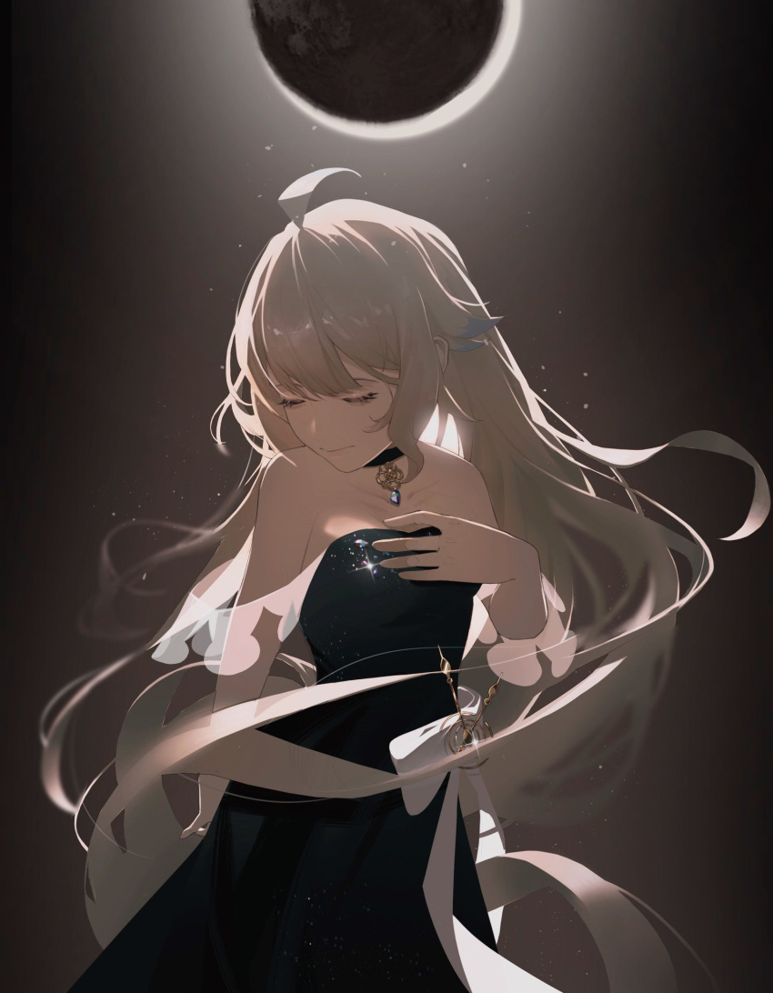 1girl absurdly_long_hair ahoge bangs black_collar black_dress blonde_hair blue_hair bow breasts closed_eyes collar dress enna_alouette facing_to_the_side hand_up highres jewelry large_bow long_hair moon multicolored_hair night night_sky nijisanji nijisanji_en official_alternate_costume sky sleeveless small_breasts solo straight_hair strapless strapless_dress very_long_hair violet_eyes virtual_youtuber white_bow witea