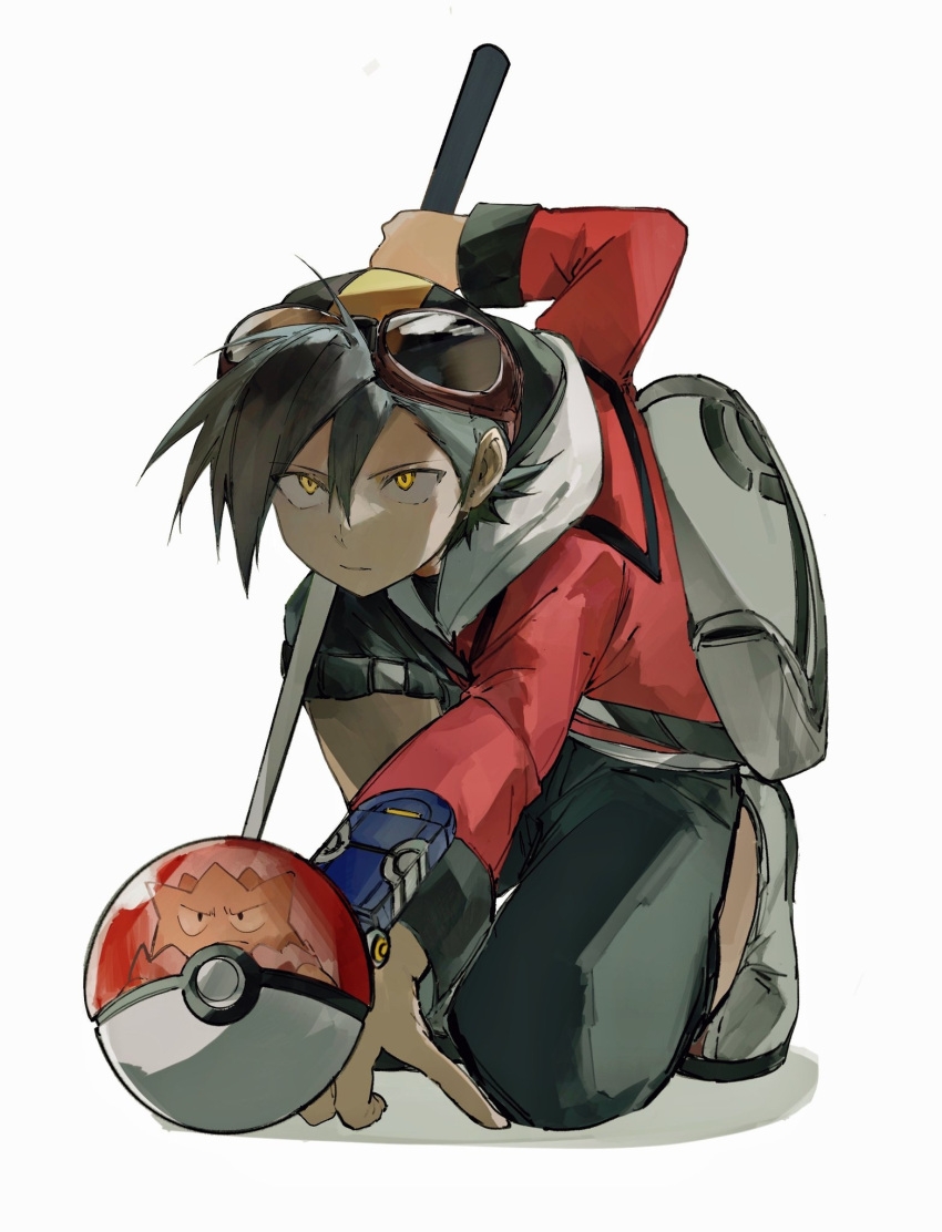 1boy backpack bag bangs black_hair black_pants closed_mouth commentary_request ethan_(pokemon) goggles goggles_on_headwear grey_bag grey_footwear hair_between_eyes highres holding jacket long_sleeves male_focus pants pokemon pokemon_adventures red_jacket sakanobo_(sushi1021) shoes short_hair togepi white_background yellow_eyes