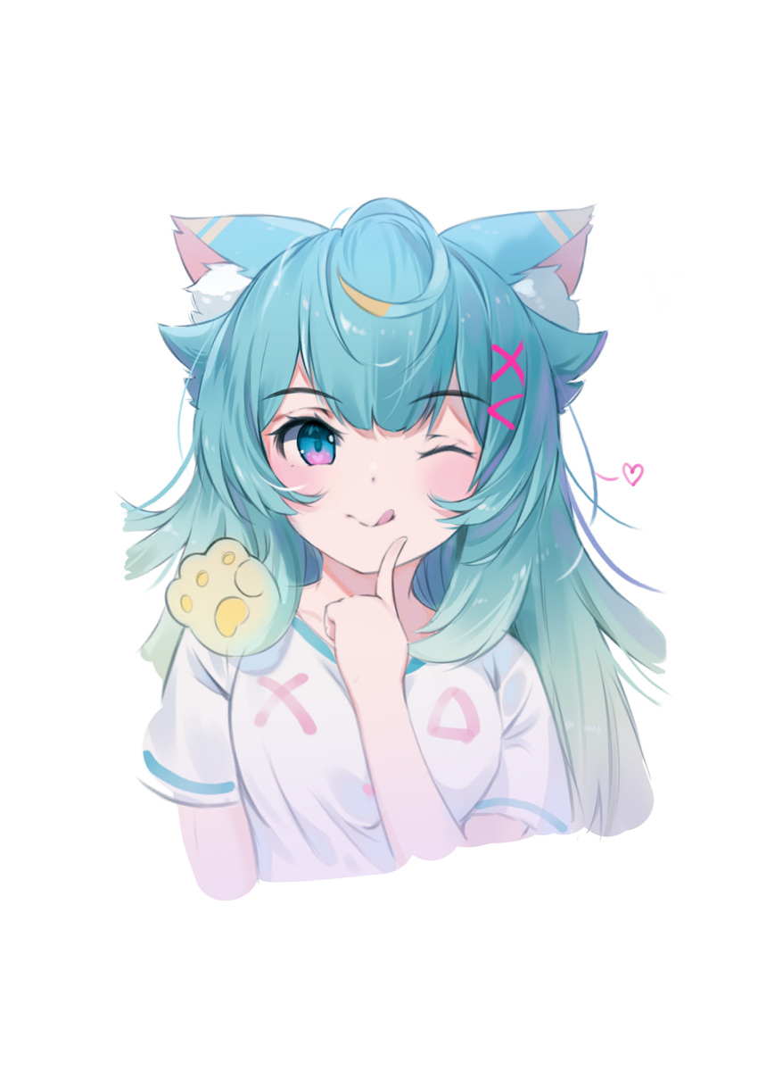 1girl ;q andychen animal_ear_fluff animal_ears bangs blonde_hair blue_eyes blue_hair cat_ears cropped_torso hair_ornament hand_up heart highres index_finger_raised indie_virtual_youtuber lanmewko long_hair looking_at_viewer multicolored_hair one_eye_closed revision shirt short_sleeves simple_background solo streaked_hair tongue tongue_out upper_body virtual_youtuber white_background white_shirt x_hair_ornament