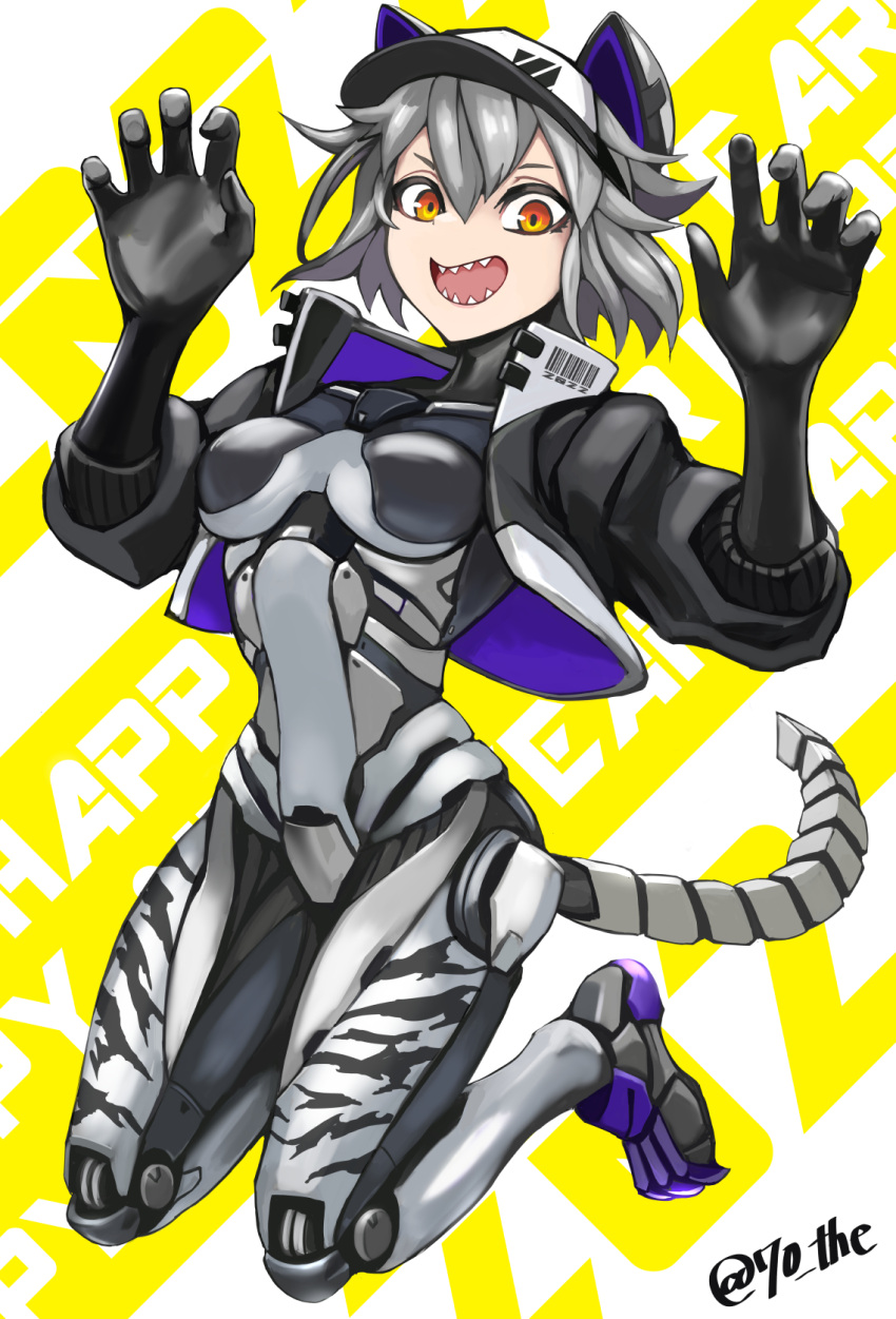 1girl animal_print barcode baseball_cap chinese_zodiac claw_pose commentary_request cropped_jacket cyborg full_body grey_hair hat highres mechanical_ears mechanical_tail orange_eyes original sharp_teeth short_hair signature solo sunao_(70_the) tail teeth tiger_print two-tone_background white_background year_of_the_tiger yellow_background
