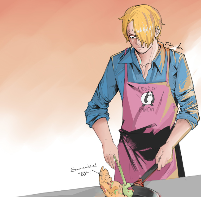 1boy absurdres black_eyes blonde_hair cooking frying_pan hair_over_one_eye highres jobin_chan one_piece sanji_(one_piece)