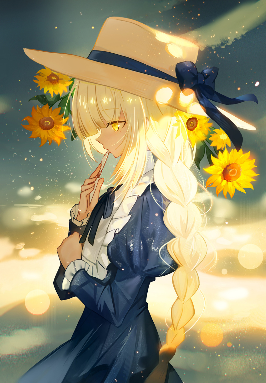 1girl bangs blonde_hair blue_bow blue_dress blue_ribbon bow braid brown_headwear closed_mouth commentary_request dress envelope eyebrows_visible_through_hair flower from_side hand_up hat hat_bow highres holding holding_envelope juexing_(moemoe3345) juliet_sleeves long_hair long_sleeves looking_away neck_ribbon original profile puffy_sleeves ribbon single_braid solo sunflower very_long_hair yellow_eyes yellow_flower