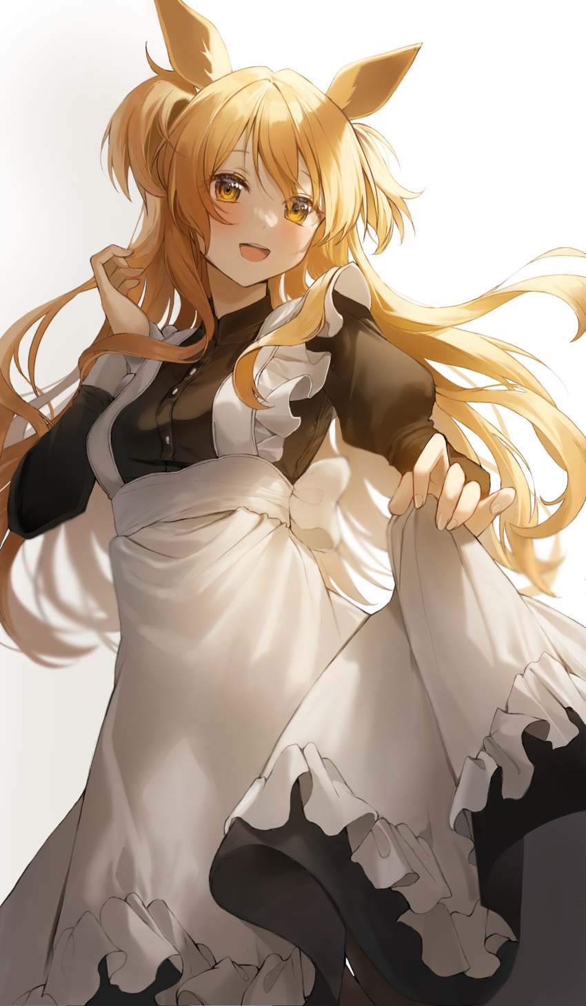 1girl 4141wqwq :d absurdres alternate_costume animal_ears black_dress blonde_hair bloom blurry blush commentary curled_fingers depth_of_field dress enmaided eyebrows_behind_hair fingernails frills hand_up happy high_collar highres horse_ears horse_girl juliet_sleeves long_dress long_hair long_sleeves looking_at_viewer maid mayano_top_gun_(umamusume) puffy_sleeves sidelighting skirt_hold smile solo two_side_up umamusume yellow_eyes