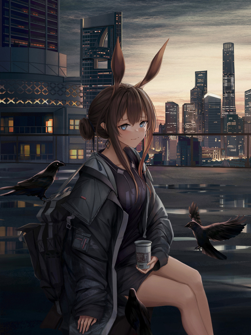 1girl absurdres alternate_costume alternate_hairstyle amiya_(arknights) animal_ears arknights backpack bag bench bird black_coat black_shirt black_skirt city closed_mouth clouds cloudy_sky coat crow cup day disposable_cup earrings extra_ears feet_out_of_frame fzl201218 hair_bun highres holding holding_cup jewelry long_hair long_sleeves looking_at_viewer miniskirt open_clothes open_coat outdoors rabbit_ears shirt side_slit sidelocks single_hair_bun sitting skirt sky sleeves_past_wrists smile solo