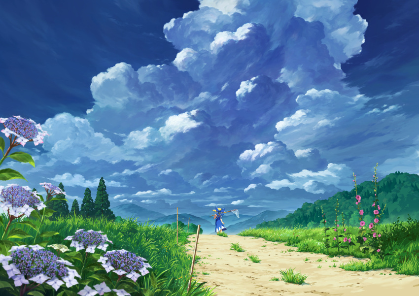 1girl absurdres blue_bow blue_dress blue_hair bow butterfly_net cirno clouds cloudy_sky commentary cumulonimbus_cloud day dress facing_away flower forest grass hand_net hat hat_bow highres holding holding_butterfly_net hydrangea ice ice_wings mountainous_horizon nature outdoors path pink_flower purple_flower sasaj scenery short_hair sky solo straw_hat summer touhou tree very_wide_shot white_flower wings