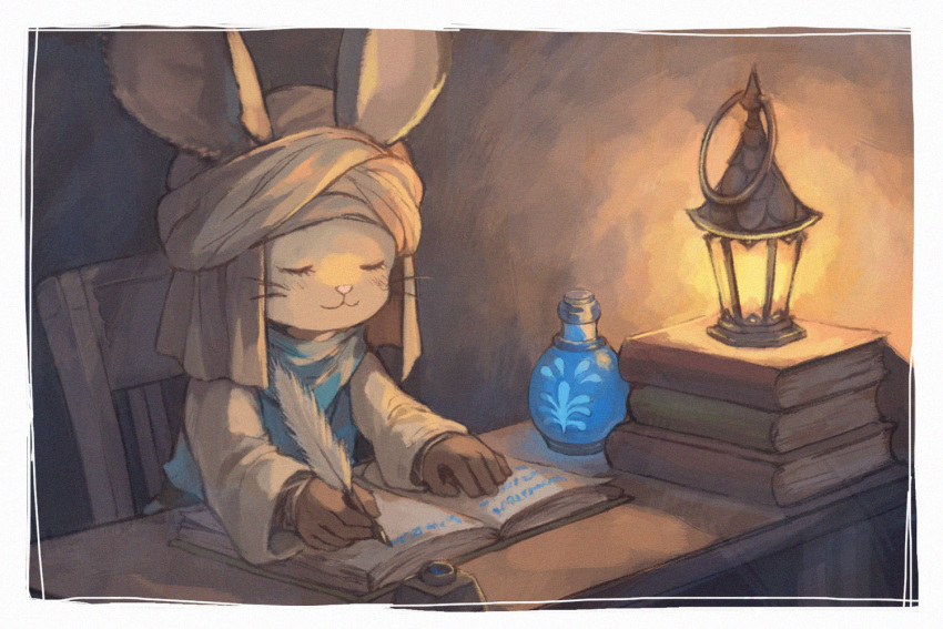 1other :3 book book_stack border bottle brown_background brown_gloves chair closed_eyes final_fantasy final_fantasy_xiv furry furry_female gloves holding holding_quill indoors inkwell lamp loporrit omori_hakumai on_chair open_book quill sitting smile solo table turban upper_body whiskers white_border white_headwear writing