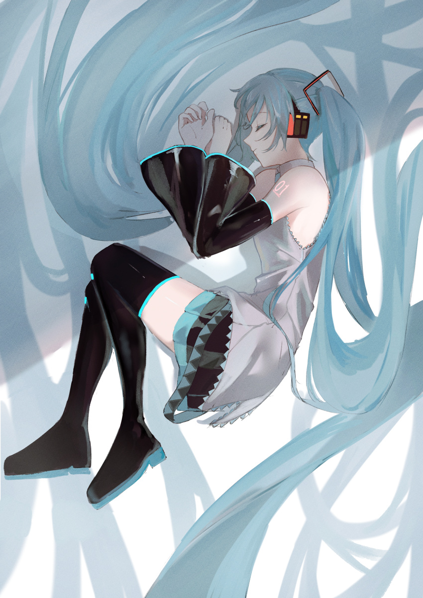 1girl absurdly_long_hair absurdres bangs black_footwear black_skirt black_sleeves blue_hair boots closed_eyes closed_mouth commentary detached_sleeves fetal_position grey_shirt hair_between_eyes hair_ornament hatsune_miku headphones highres long_hair long_sleeves miniskirt number_tattoo pleated_skirt potetoneko profile shirt shoulder_tattoo skirt sleeping sleeveless sleeveless_shirt solo tattoo thigh_boots twintails very_long_hair vocaloid zettai_ryouiki