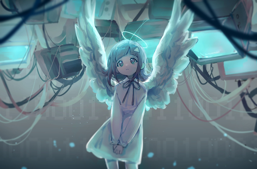 1girl absurdres angel_wings blue_theme blurry cable closed_mouth danganronpa_(series) danganronpa_2:_goodbye_despair dress feathered_wings halo highres liang_cun_rakuna light_particles medium_hair monitor nanami_chiaki neck_ribbon own_hands_together ribbon screen solo spoilers white_dress white_wings wings