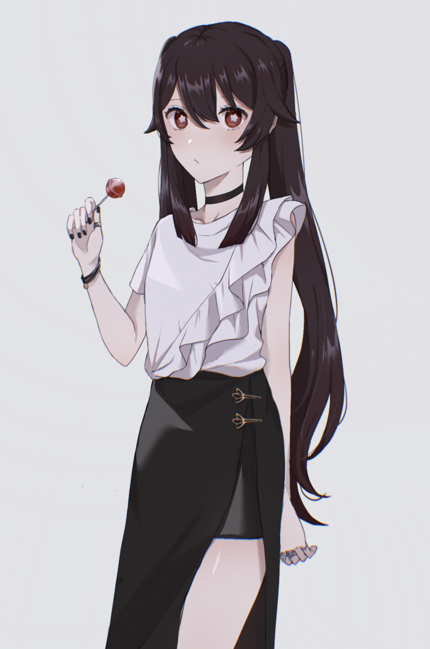 1girl black_nails brown_hair candy flat_chest food genshin_impact hair_between_eyes highres hu_tao_(genshin_impact) jewelry lollipop looking_at_viewer marodayo_33 red_eyes ring simple_background star-shaped_pupils star_(symbol) symbol-shaped_pupils twintails white_background